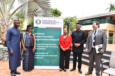 Dr Ezra Yakusak (1st from left) President of ECOWAS TPO Network, Dr Afua Asabea Asare (2nd from left) CEO of GEPA, Pamela Coke-Hamilton (3rd from right) Executive Director of ITC, Tim Dolan (1st from right) Team leader, Trade and Macroeconomic at Delegation of EU and Kolawole Sofola (2nd from right) Acting Director, Trade Directorate at ECOWAS Commission during the meeting 